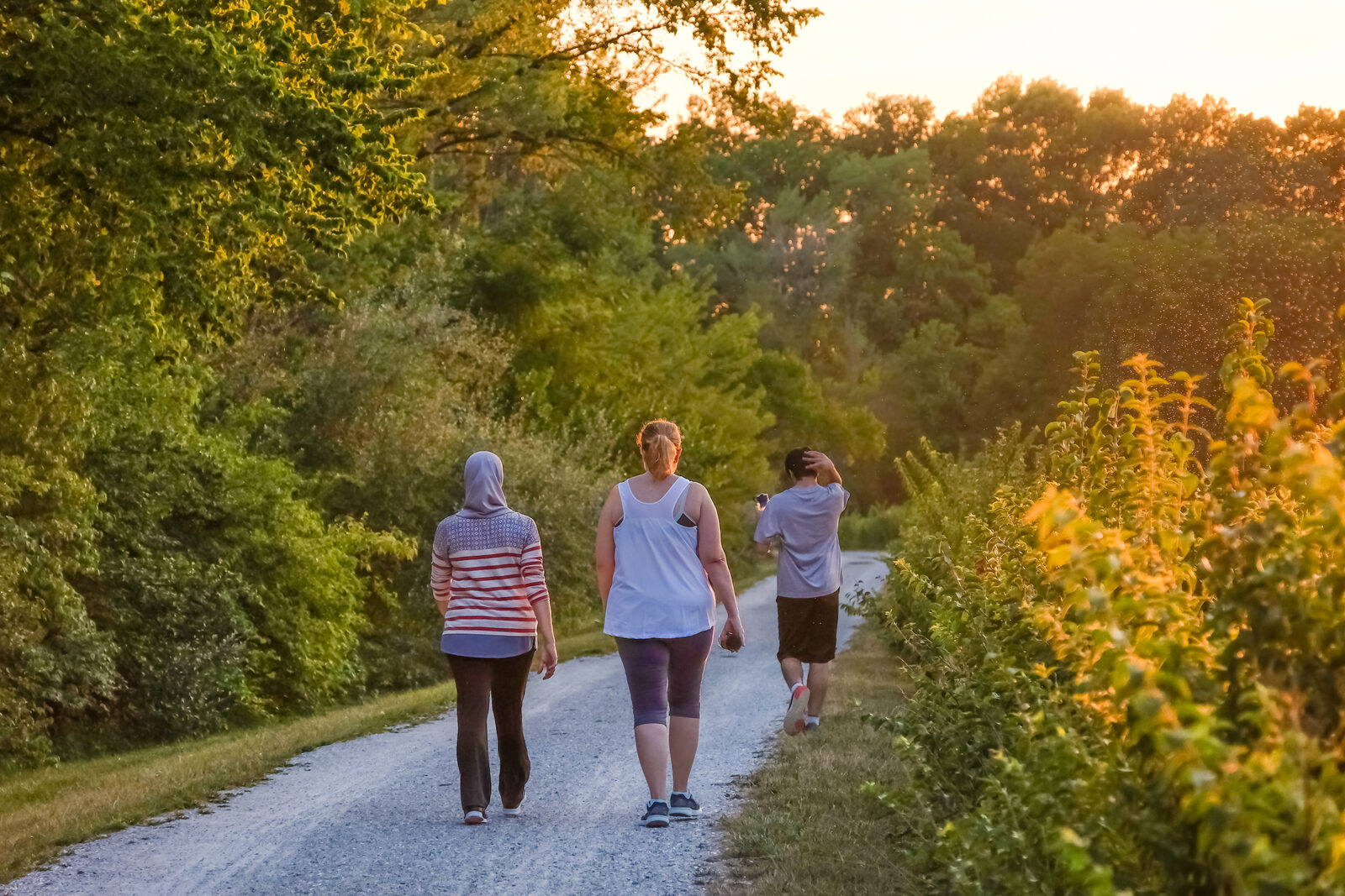 Neighbours walking the trail at golden hour in Summerside Trail